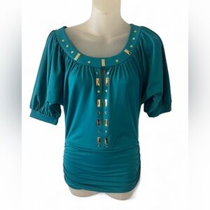 Y2K Teal Women's Top with Gold Accents